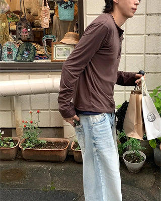 Fingerhole Henley Neck Long Sleeve T-Shirt