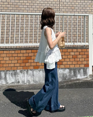 Pocket Two-Button Wide Denim Pants