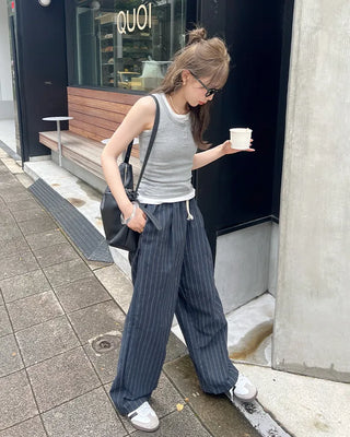 Striped wide banding pants