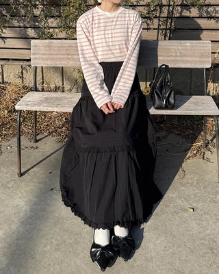 Lace tiered flared long skirt