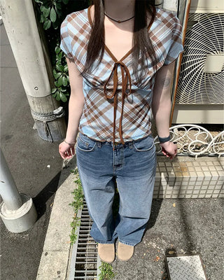 Washed denim wide-leg pants