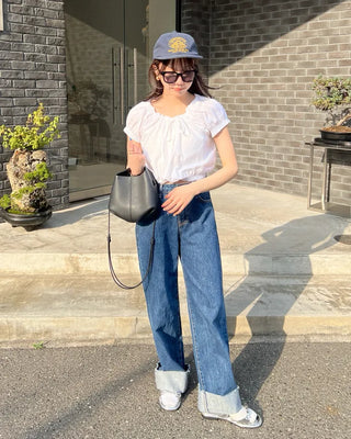 Rolled-up denim wide-leg pants