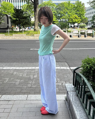 See-through two-tone short-sleeve T-shirt