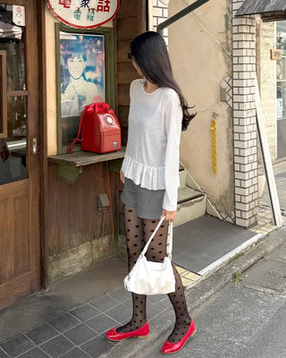 Dot Shirring High Neck Long Sleeve T-Shirt