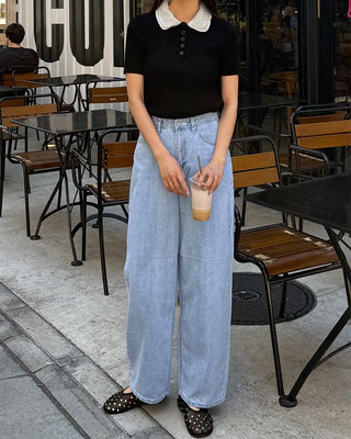 Pearl-embellished color-accented short-sleeved knit