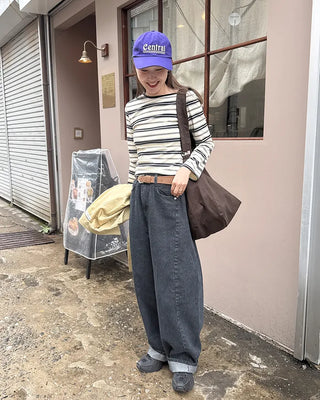 Half-off-shoulder striped T-shirt