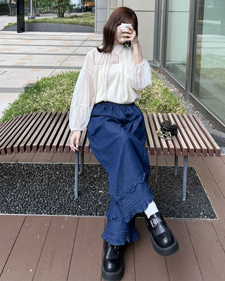 Frilled denim cotton wide-leg pants with elastic waistband