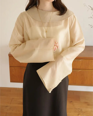 (ORIGINAL) Round Collar Button Sheer Blouse