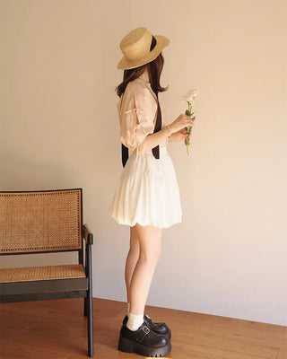 (ORIGINAL) Henley Neck Ribbon Balloon Blouse