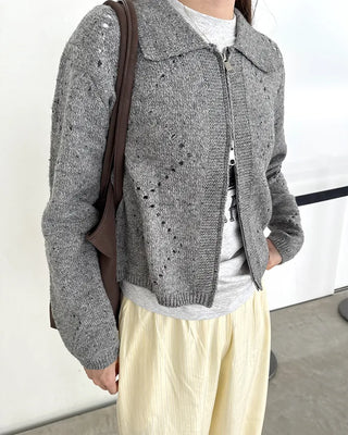Perforated Collar Knit Zip-Up