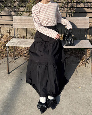Lace tiered flared long skirt