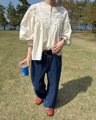 Jacquard lace balloon flare blouse