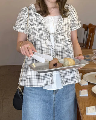 Front Ribbon Check Puff Sleeve Top