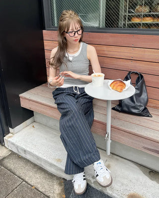 Striped wide banding pants