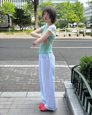 See-through two-tone short-sleeve T-shirt