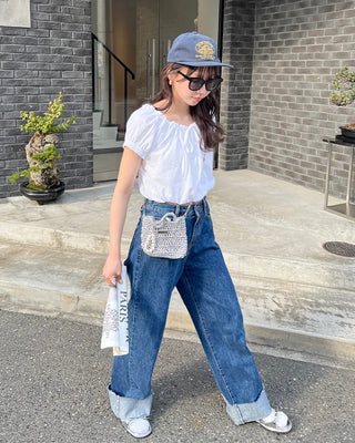 Rolled-up denim wide-leg pants