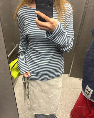 Boat neck striped long-sleeved T-shirt