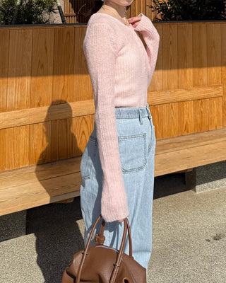 Half-open button ribbed knit