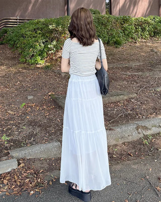 Striped short-sleeved off-shoulder T-shirt