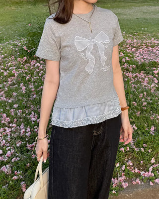 Checked ribbon frill short-sleeved T-shirt