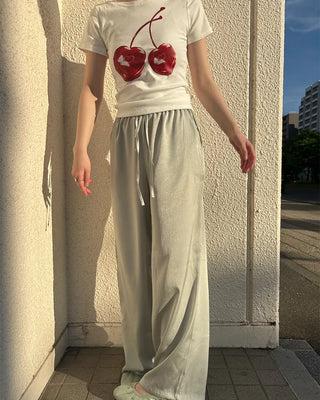 Waistband string silk wide-leg pants