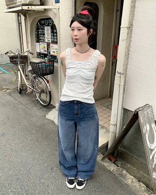 Pindot Ribbon Gathered Elastic Tank Top