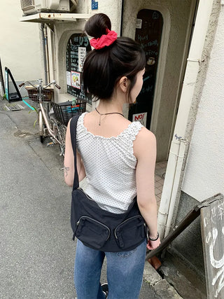 Pindot Ribbon Gathered Elastic Tank Top
