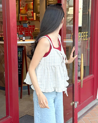 Checked ribbon sleeveless blouse