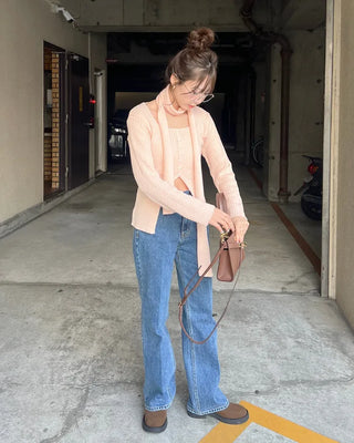 Ribbed cardigan and scarf set