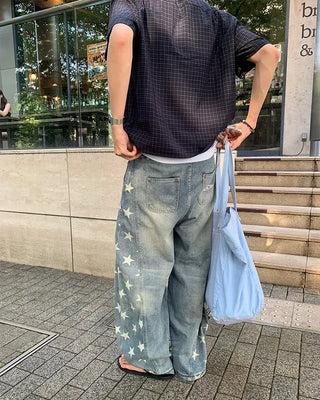 Star print balloon denim pants
