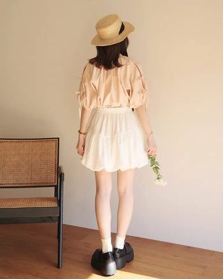 (ORIGINAL) Henley Neck Ribbon Balloon Blouse