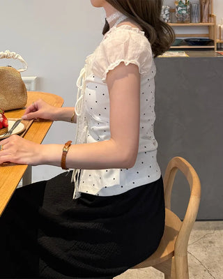 Dot pattern layered blouse with string