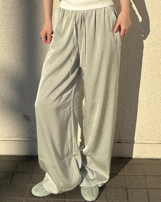 Waistband string silk wide-leg pants