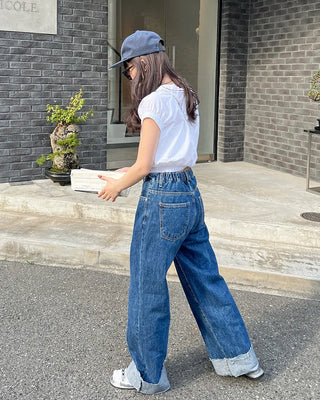 Rolled-up denim wide-leg pants
