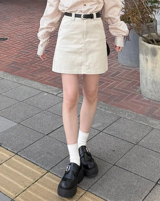 Belted Cotton Simple Mini Skirt