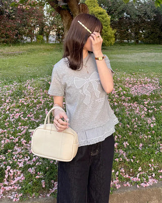 Checked ribbon frill short-sleeved T-shirt