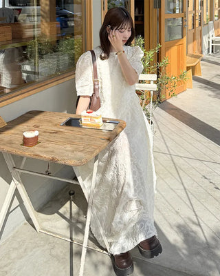 Flower Pattern Puff Long Dress