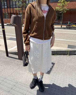 Rib-knit semi-cropped double-zip hoodie