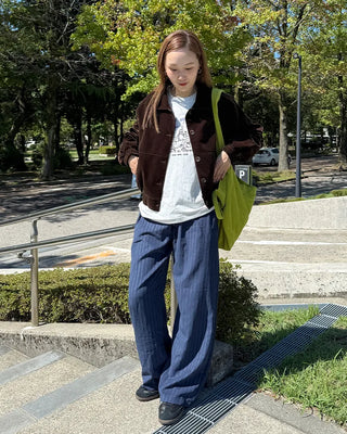 Suede stripe elastic waist pants
