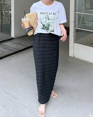 Frilled elastic waist long skirt
