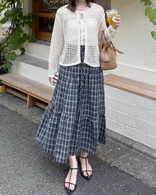 Checked banded long skirt