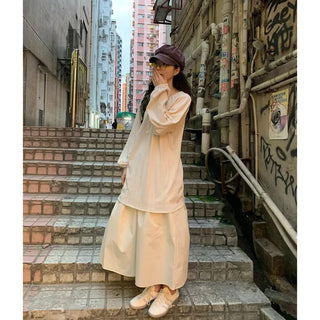 Cotton A-line shirred long skirt