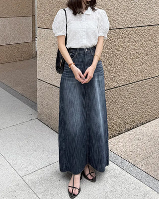 Washed denim long skirt