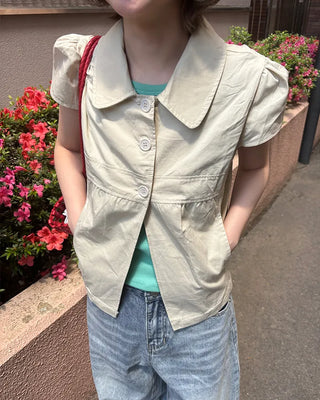 Button-up puff-sleeve cotton blouse