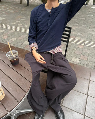 Henley neck summer long-sleeved knit