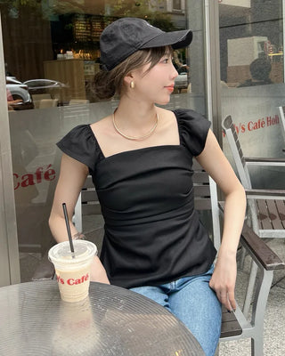Frilled square neck shirred blouse