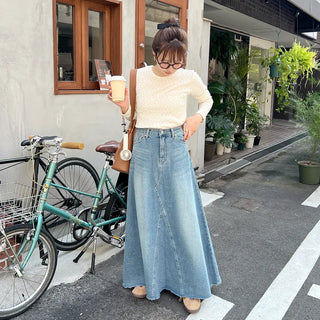 Flared long denim skirt