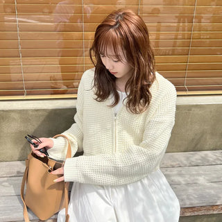 Perforated knit zip-up