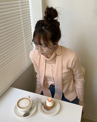 Ribbed cardigan and scarf set