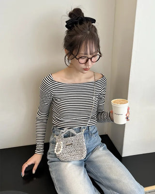 Striped off-shoulder t-shirt